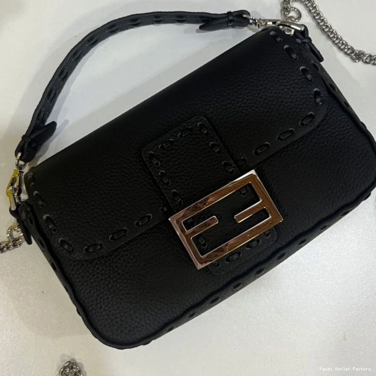 Affordable HOT Cuoio Romano Bag Fendi In Mini Black Baguette Selleria Leather 0712